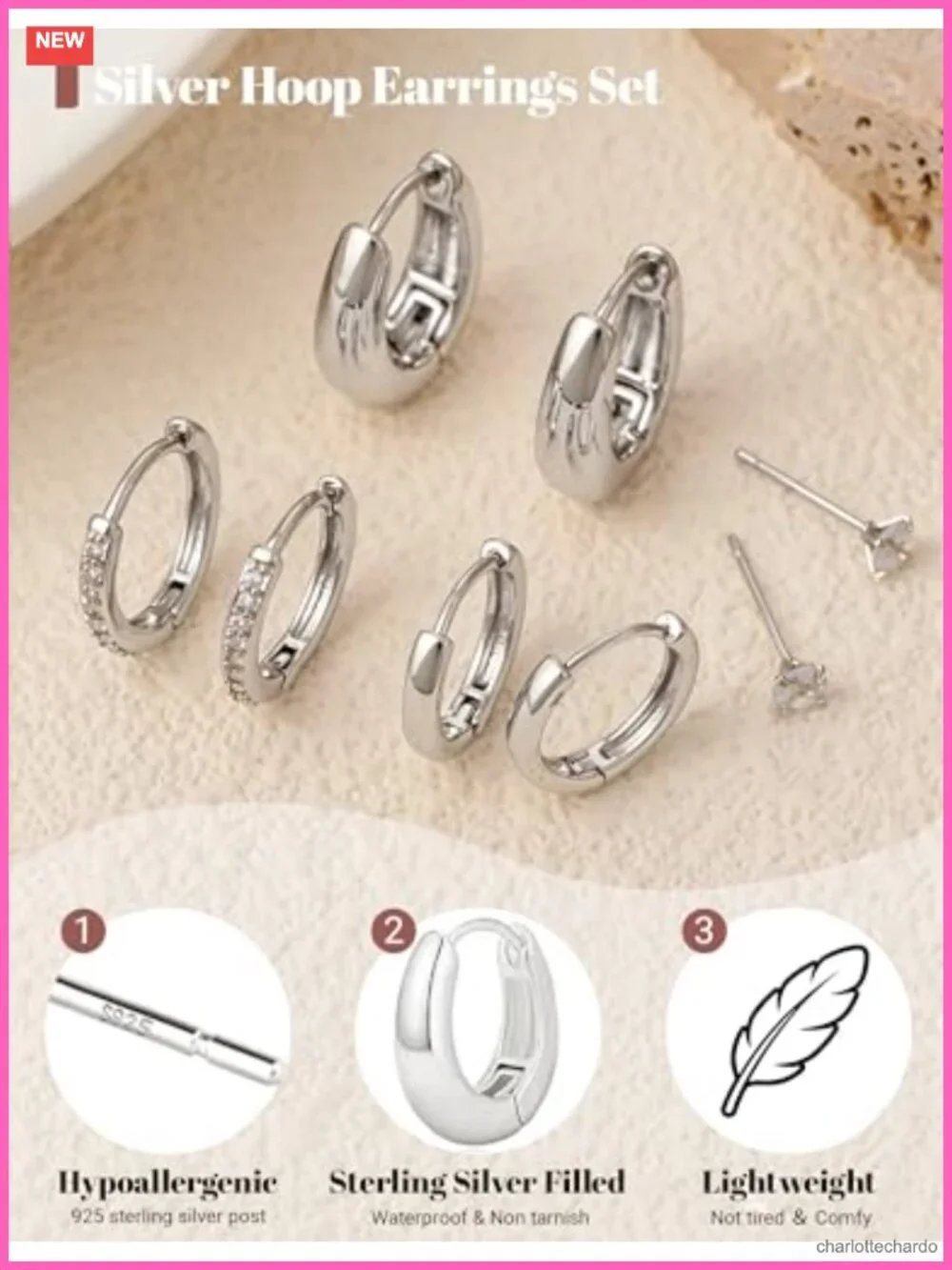 Sterling Silver Earring Set 4 Pair Hoop Stud Cubic Zirconia Hypoallergenic Gift